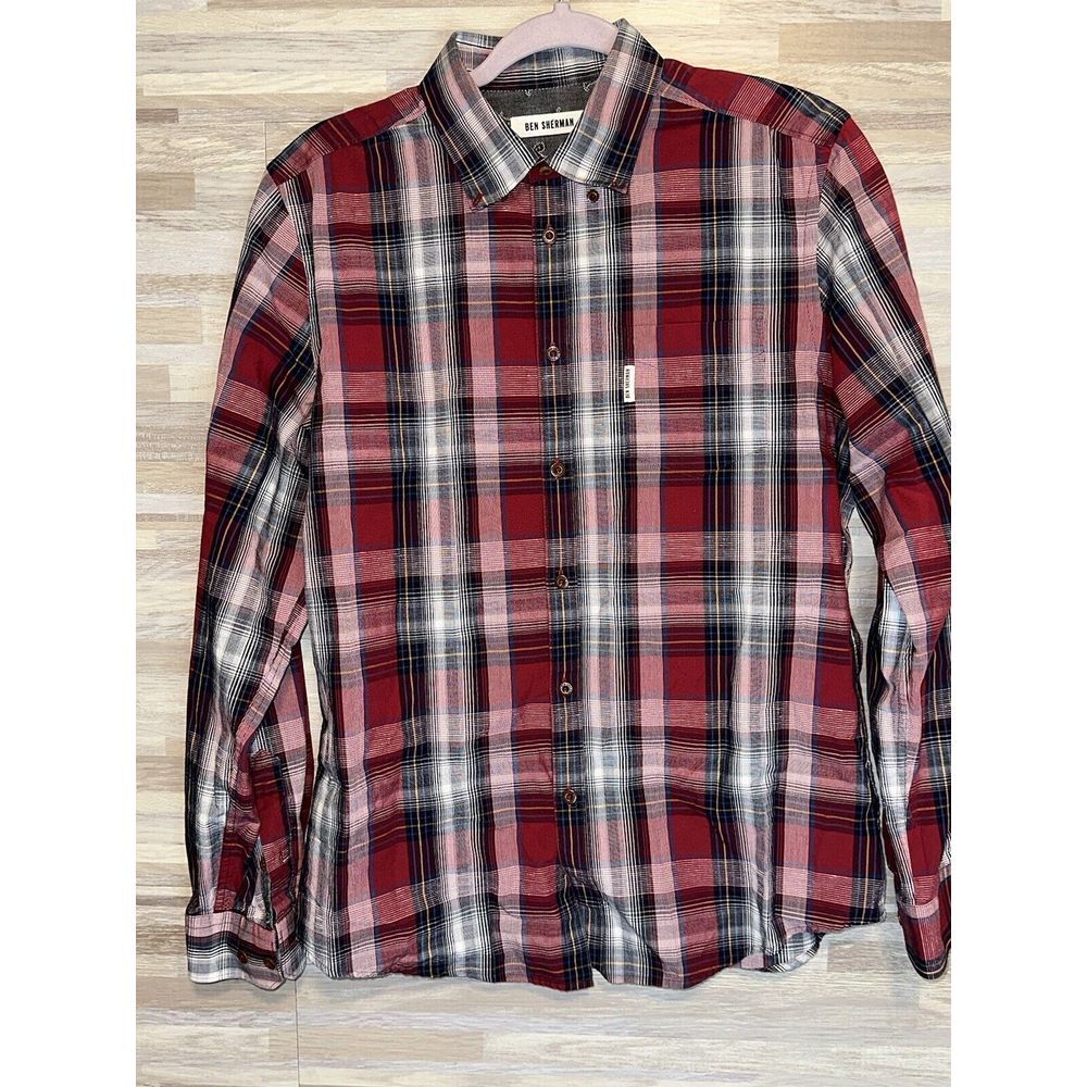 Ben Sherman Long Sleeve Button Up, Large, Black And Red Plaid #173